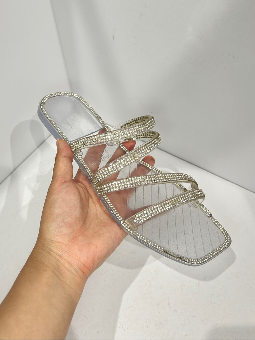 Crystal-Strap Clear Slide Sandal - Silver
